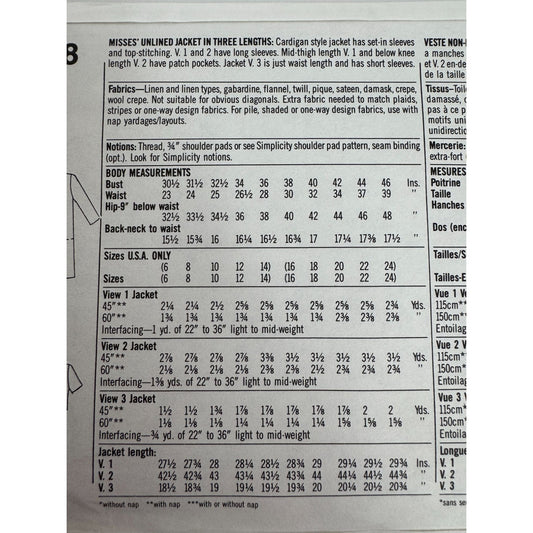 Simplicity Sewing Pattern 9568 Work Jacket Cardigan Style Work Career UC 16-24