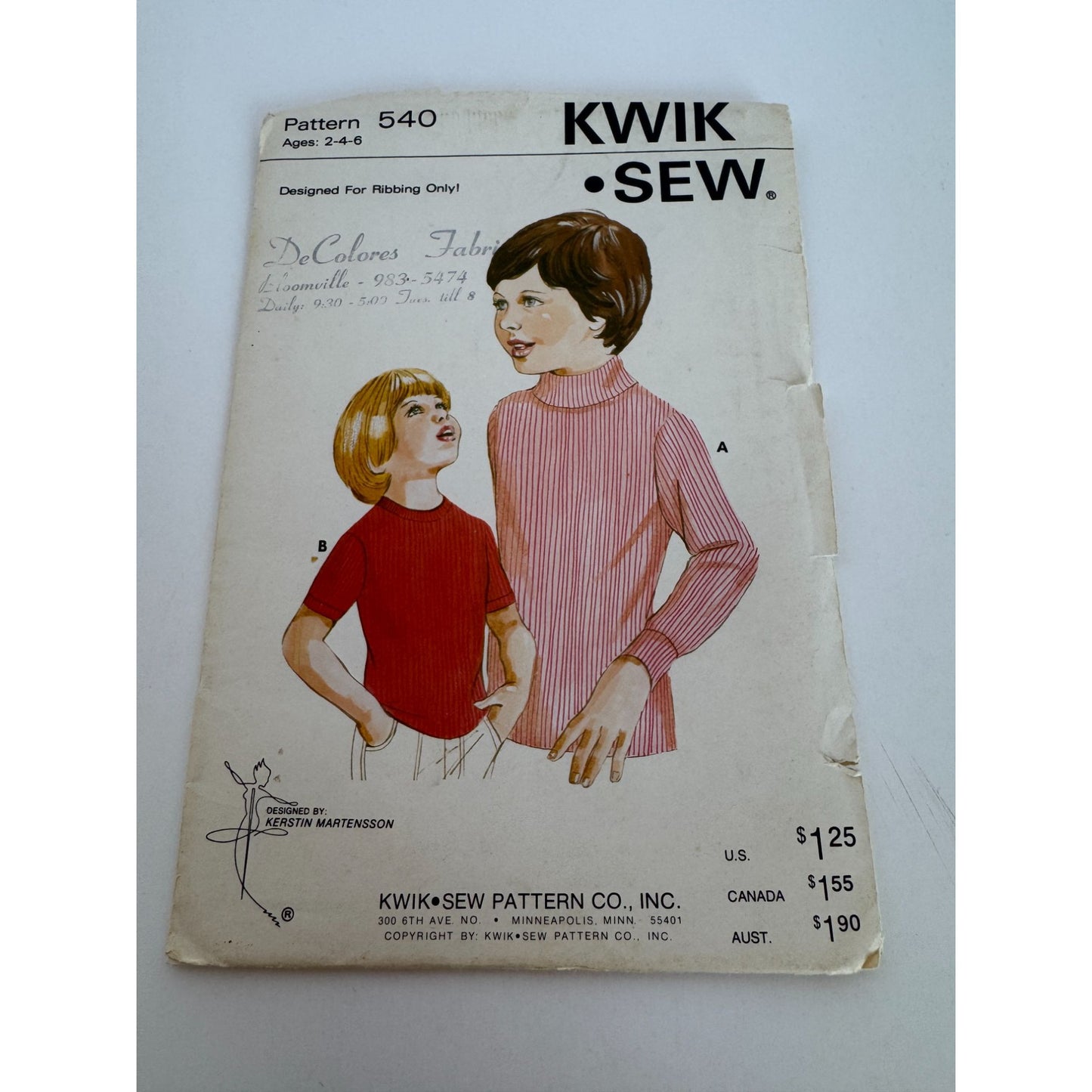 Kwik Sew Sewing Pattern 540 Boys Pullover Long or Short Sleeves Shirt Ages 2-4-6