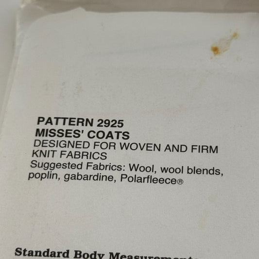 Kwik Sew Sewing Pattern 2925 Misses Coat Winter Outerwear Wool Sizes XS-XL Uncut