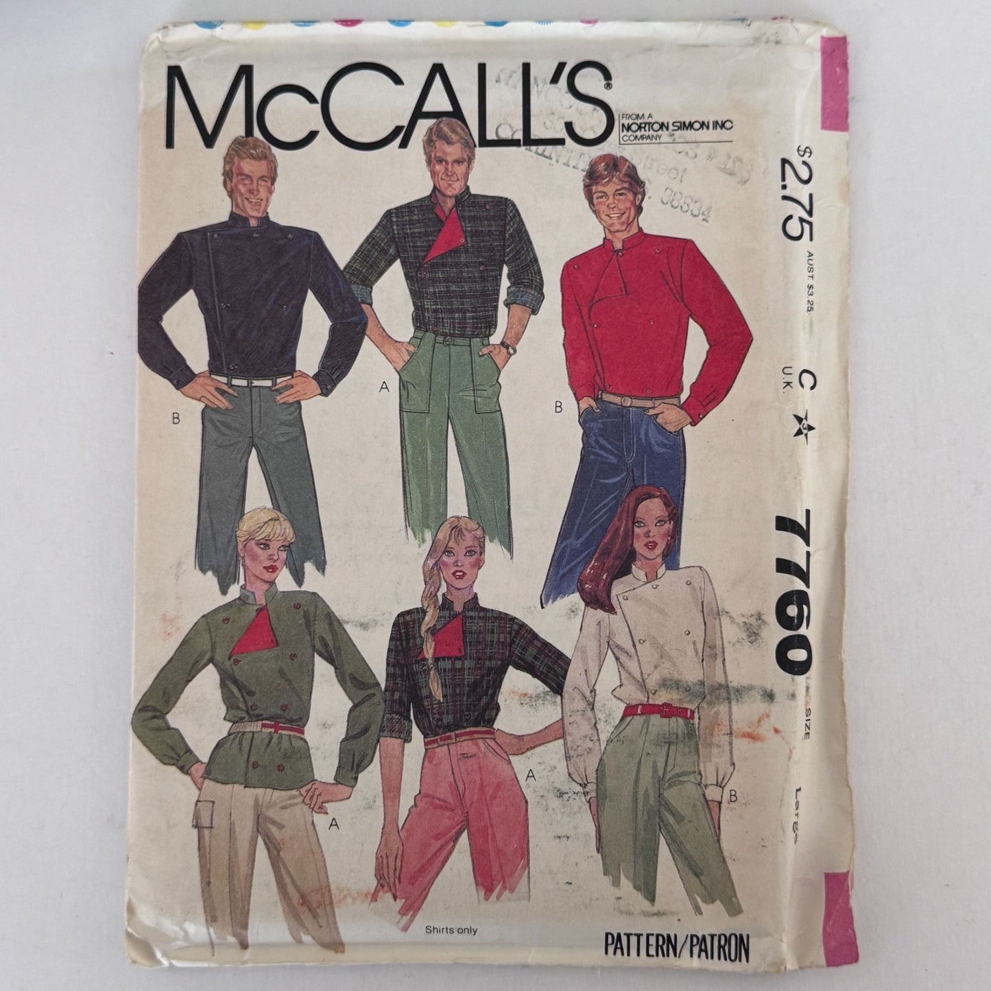 McCalls Sewing Pattern 7760 80s Double Breasted Shirt Mens Large 42-44 Vintage