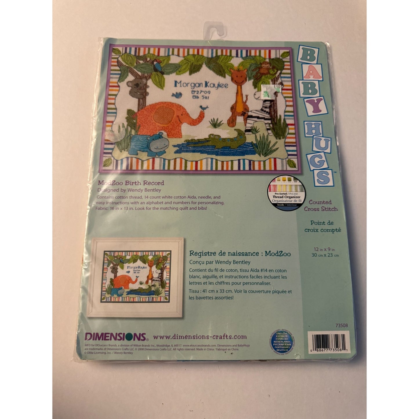 Dimensions Baby Hugs Cross Stitch Kit ModZoo Birth Record Animal Elephant Monkey