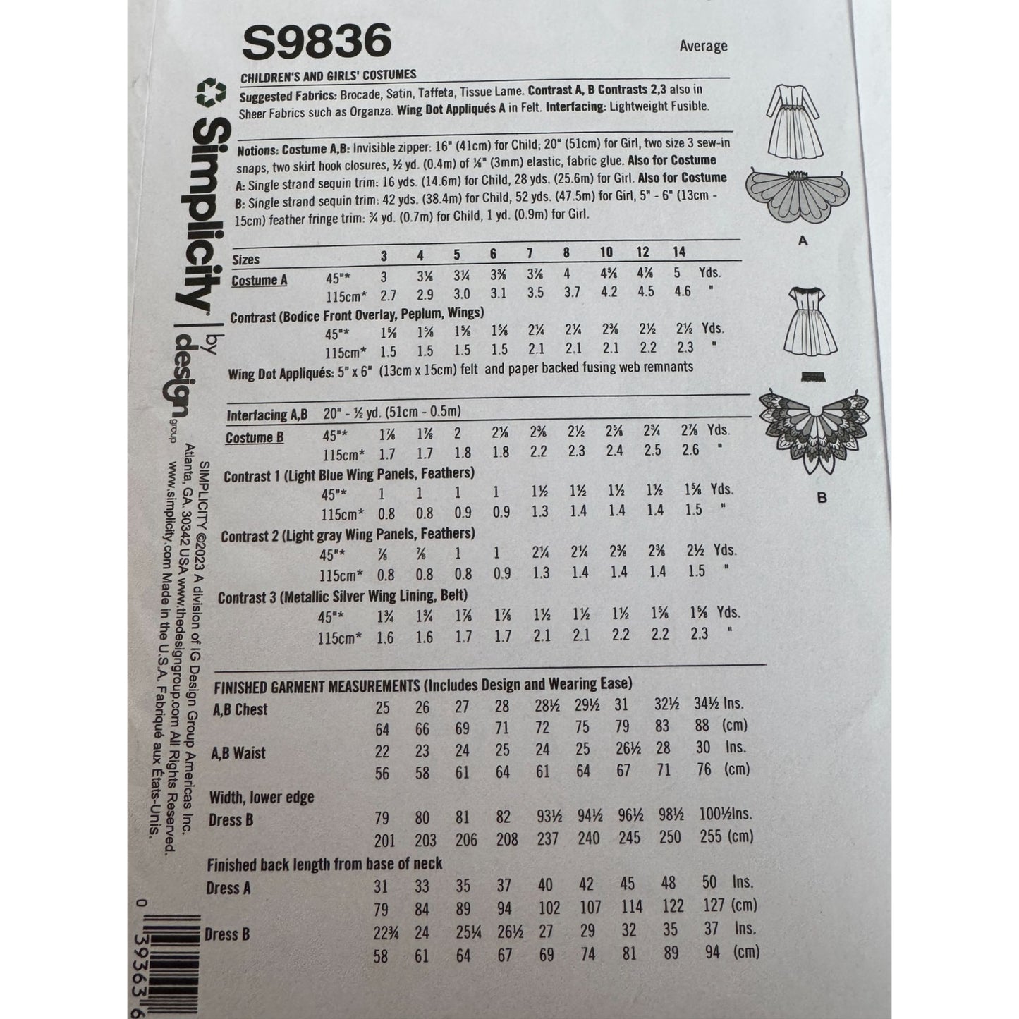 Simplicity Sewing Pattern S9836 Girls Bird and Butterfly Costumes Dress 7-14 UC