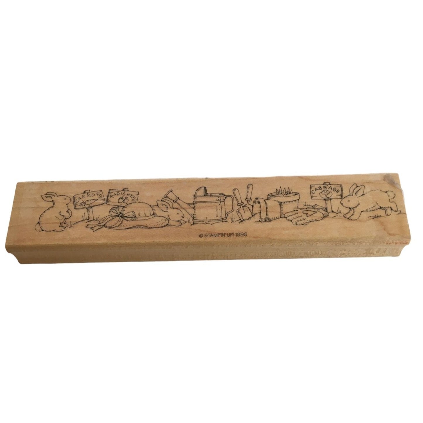 Stampin Up Rubber Stamp Garden Border Rabbits and Gardening Tools Flower Pot Hat