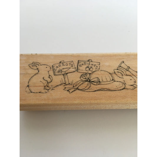 Stampin Up Rubber Stamp Garden Border Rabbits and Gardening Tools Flower Pot Hat