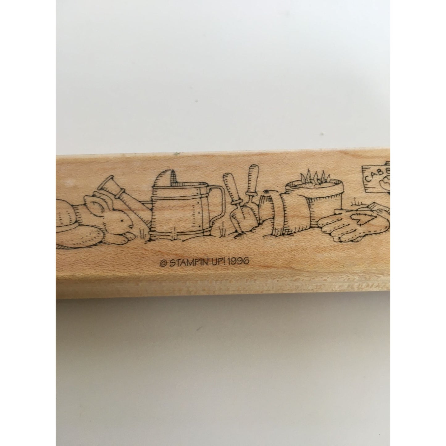 Stampin Up Rubber Stamp Garden Border Rabbits and Gardening Tools Flower Pot Hat