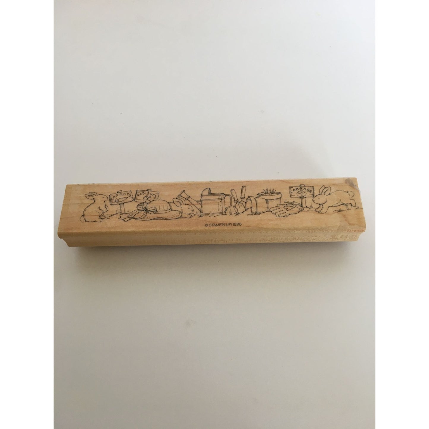 Stampin Up Rubber Stamp Garden Border Rabbits and Gardening Tools Flower Pot Hat