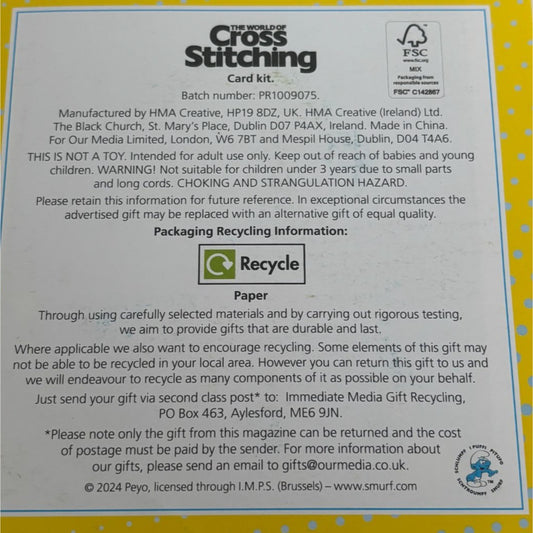 The World of Cross Stitching Greeting Birthday Card Kit Papa Smurf Cross Stitch