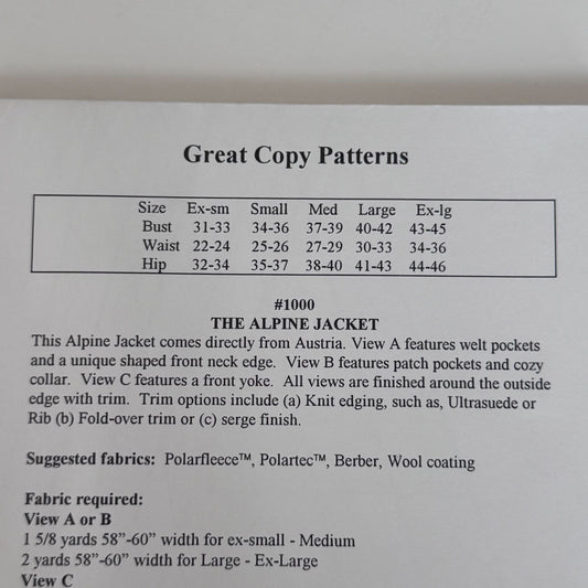 Great Copy Sewing Pattern 1000 Alpine Fleece Jacket Pizzazz Austrian XS-XL UC