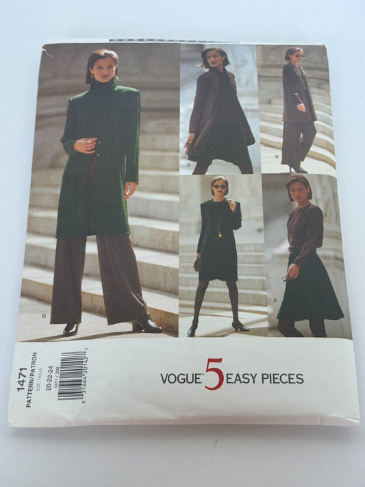 Vogue 1471 Sewing Pattern Misses Jacket Vest Top Skirt Pants Scarf Minimalist 90s Wardrobe Capsule Size 20-24 UNCUT