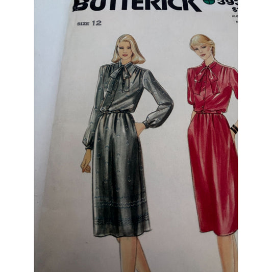 Butterick Sewing Pattern 3932 Dress Tie Belt Vintage Size 12 Work Career Uncut