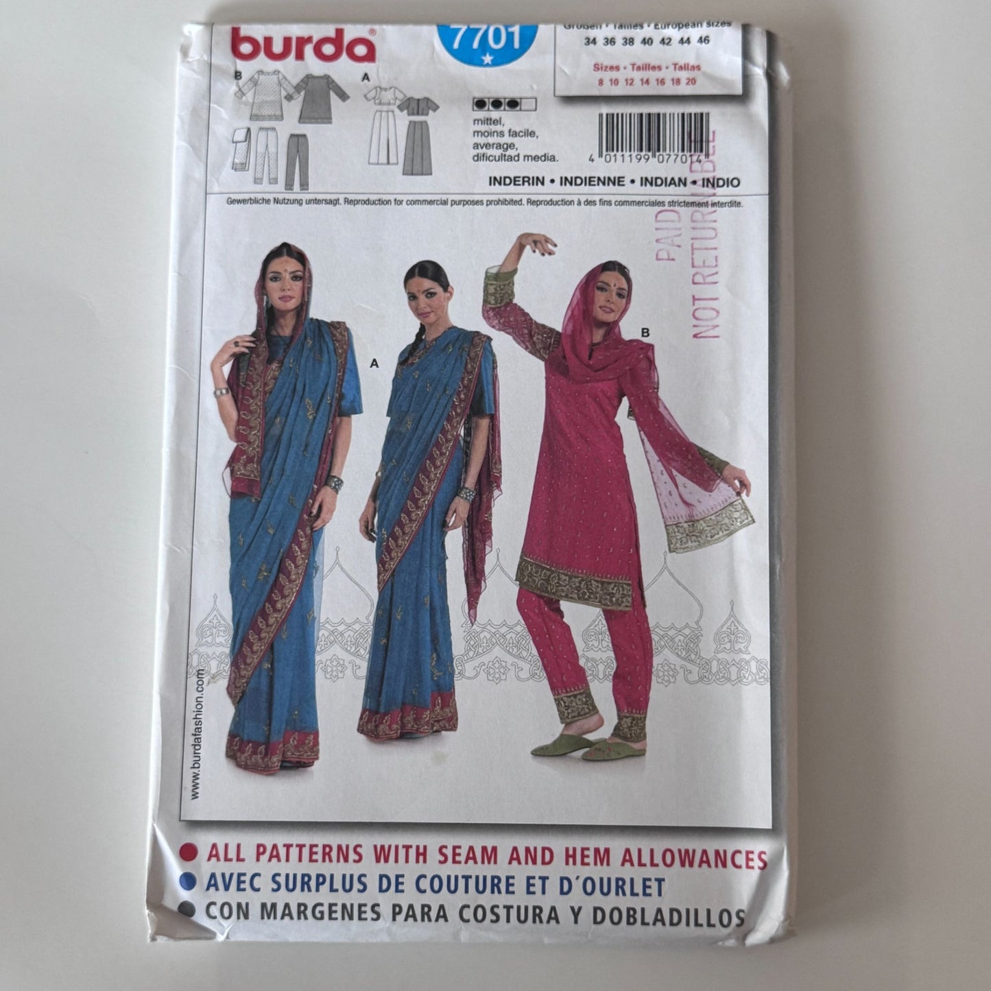 Burda Sewing Pattern 7701 Indian Sari Salwar Kameez Bollywood Outfit 8-20 Uncut