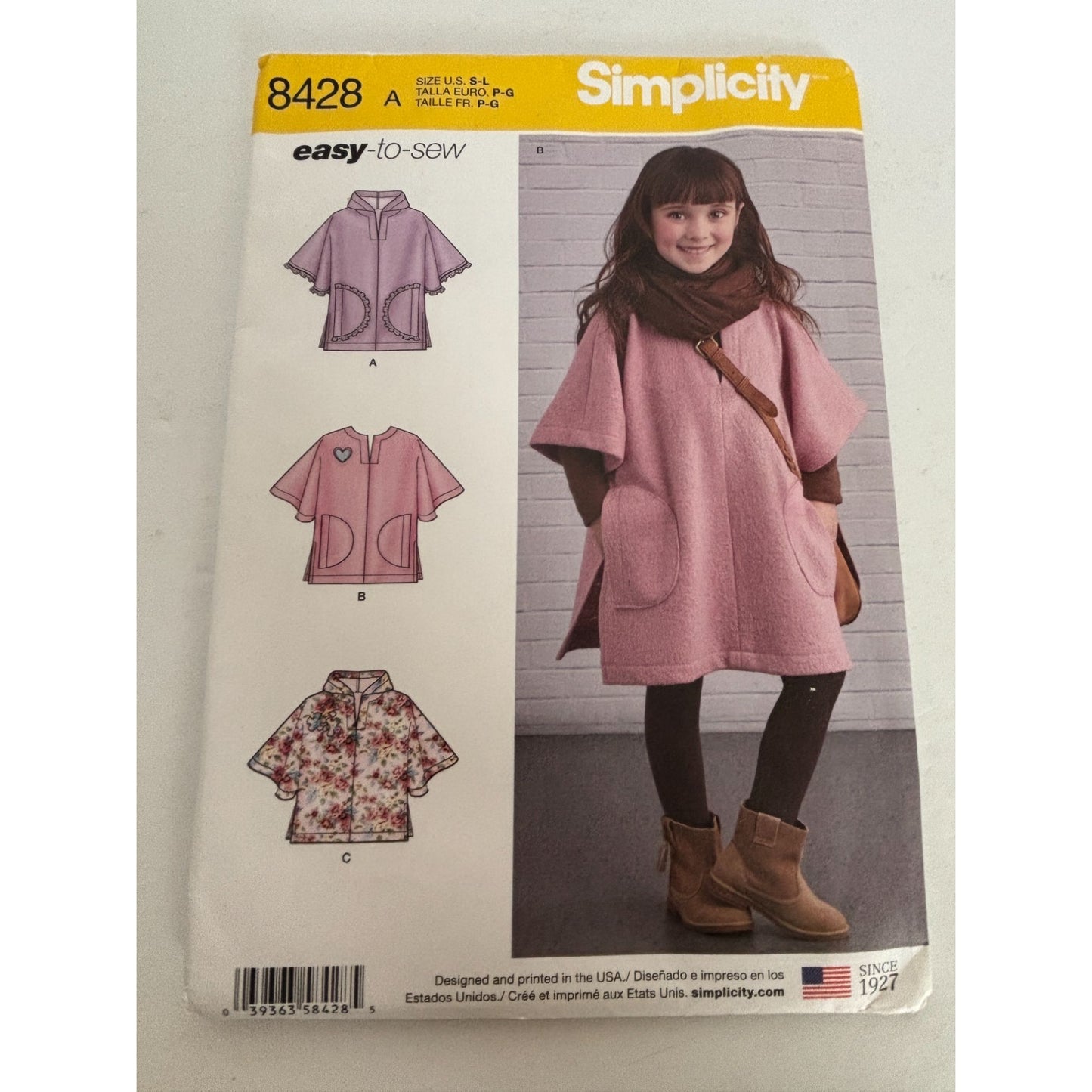 Simplicity Sewing Pattern 8428 Child Poncho S M L Easy Outerwear Fall Flannel UC