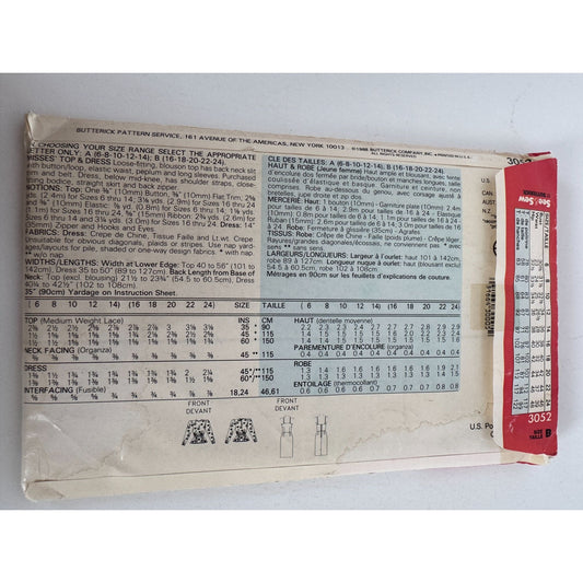 Butterick Sewing Pattern 3052 Semi Formal Dress Top Easy 1980s UC 16 18 20 22 24