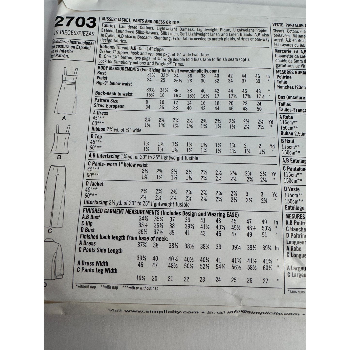 Simplicity Sewing Pattern 2703 Misses Jacket Pants Dress Top Sizes 8-16 Work UC