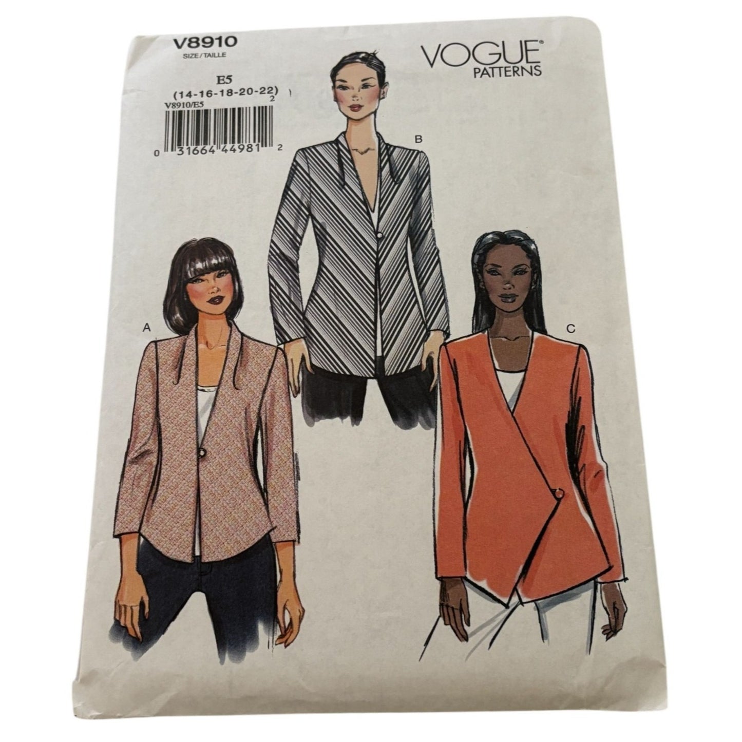 Vogue Sewing Pattern V8910 Misses Semi-Fitted Lined Jackets Blazer 14-22 Easy UC