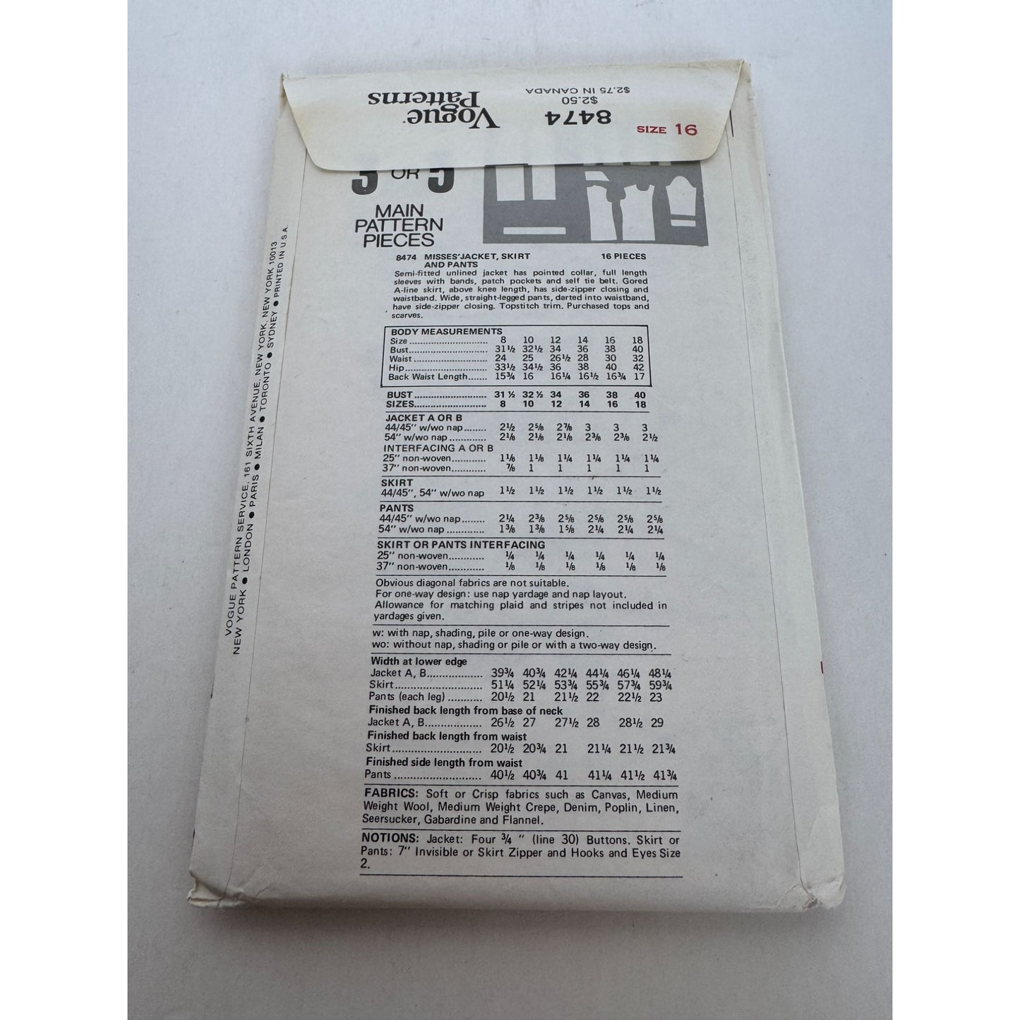 Vogue Sewing Pattern 8474 Misses Jacket A-Line Skirt Pants Size 16 1970s Uncut