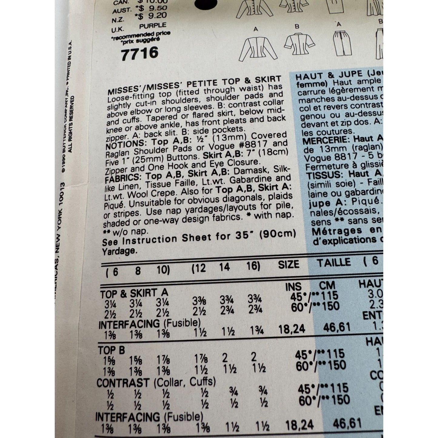 Vogue Sewing Pattern 7716 Misses Top and Tapered or Flared Skirt Size 6 8 10 UC