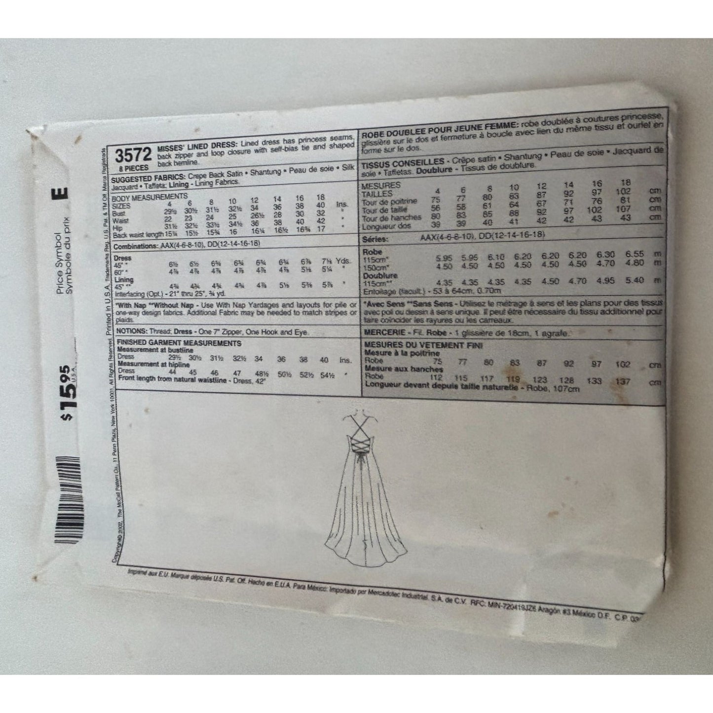 McCalls Sewing Pattern 3572 Formal Gown Evening Elegance Prom Dress 4 6 8 10 UC