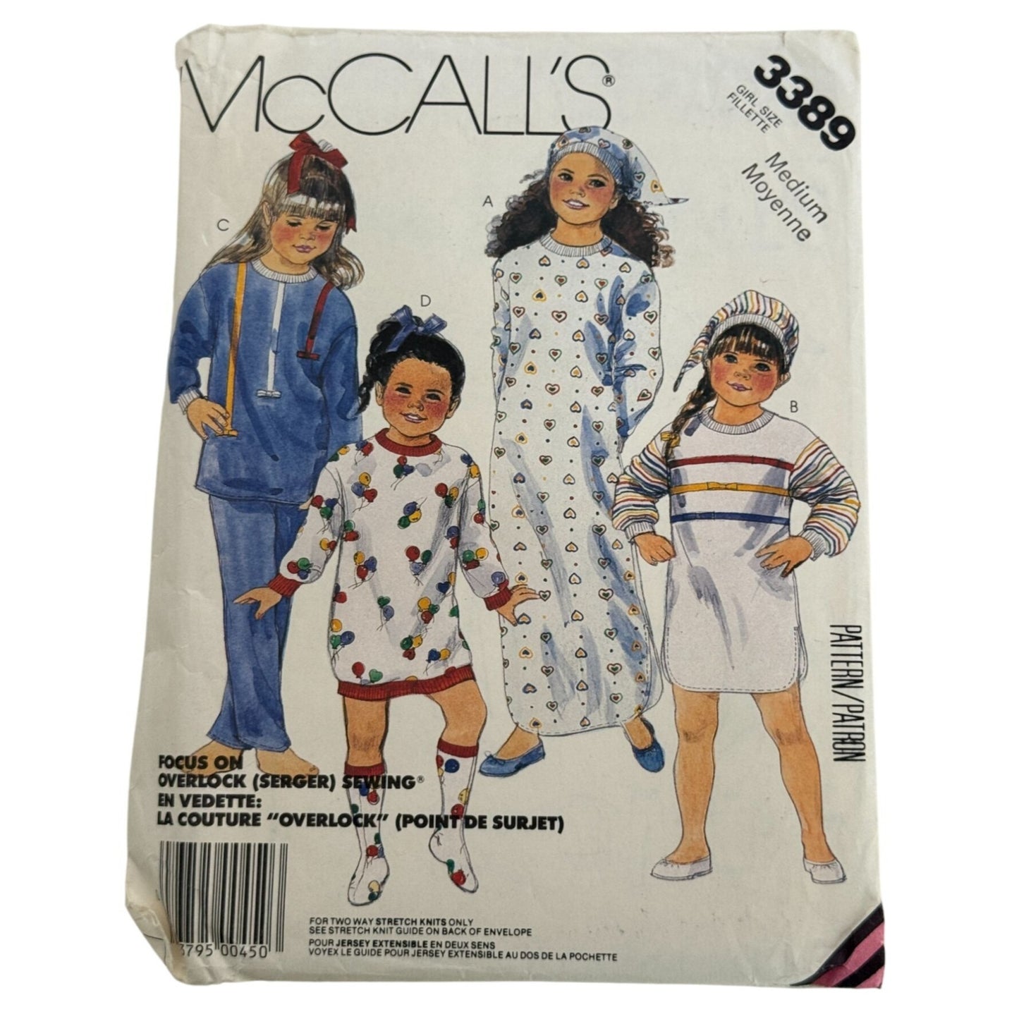 McCalls Sewing Pattern 3389 Girls Pajamas Hat Nightshirt Medium 8 10 Uncut 1980s