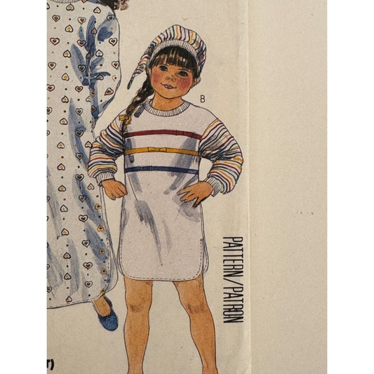 McCalls Sewing Pattern 3389 Girls Pajamas Hat Nightshirt Medium 8 10 Uncut 1980s