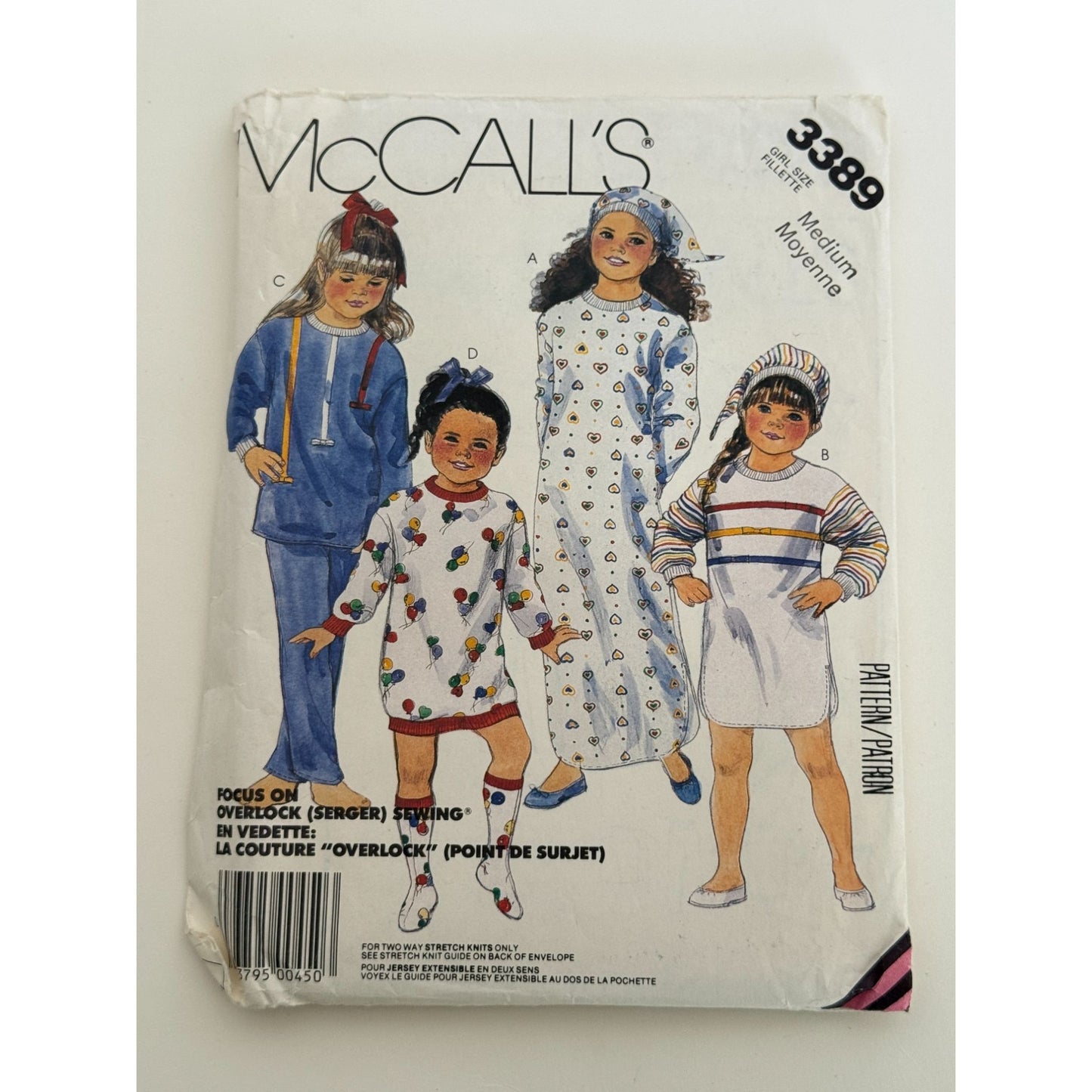 McCalls Sewing Pattern 3389 Girls Pajamas Hat Nightshirt Medium 8 10 Uncut 1980s