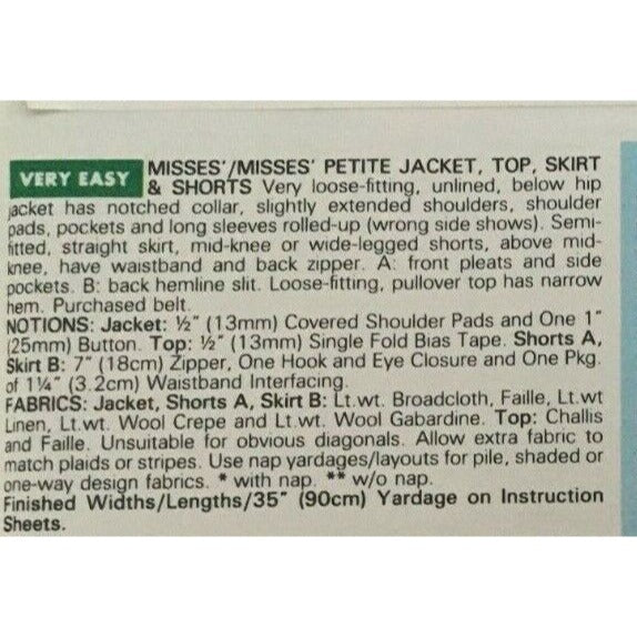 Butterick Sewing Pattern 6066 Work Jacket Top Skirt Shorts Career 6 8 10 Uncut