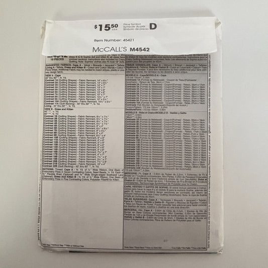 McCalls Sewing Pattern M4542 Sophie Doll Clothes Crazy Quilt Cape Country Dress