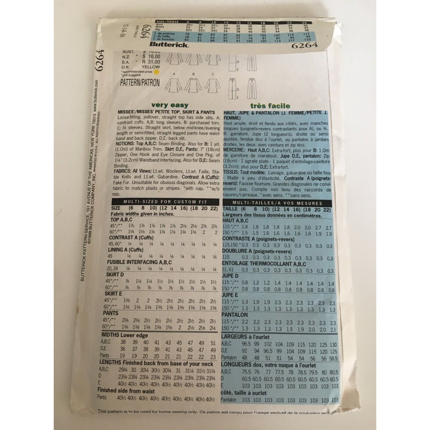 Butterick Sewing Pattern 6264 Misses Tunic Top Skirt Pants Career Work 12-16 UC