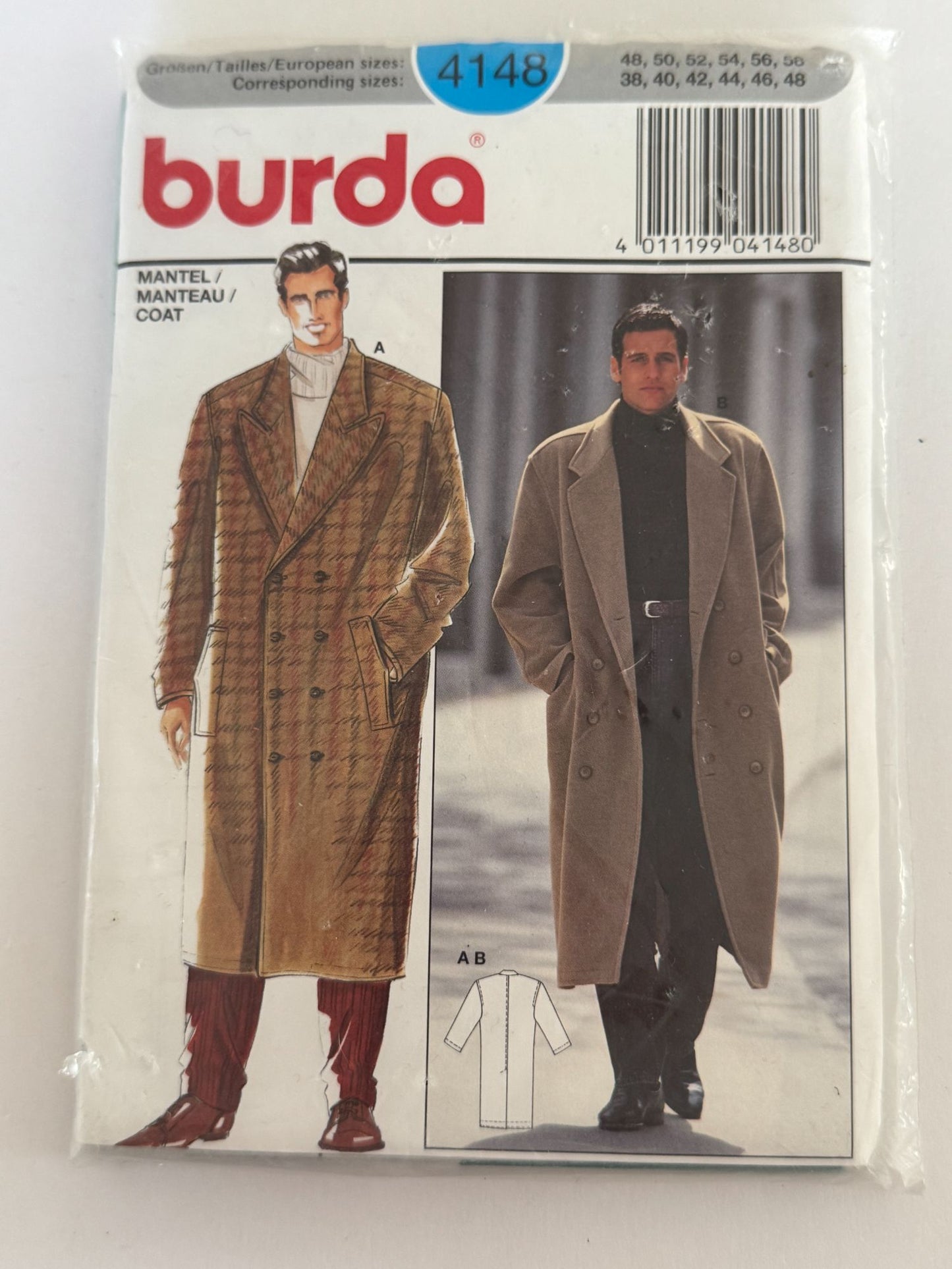 Burda Sewing Pattern 4148 Mens Long Double-Breasted Coat Winter Career 38-48 UC