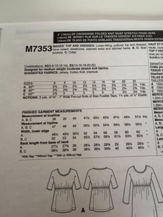 McCalls Sewing Pattern M7353 Dress Tunic Top Empire Waist Round Neck 14-22 UC