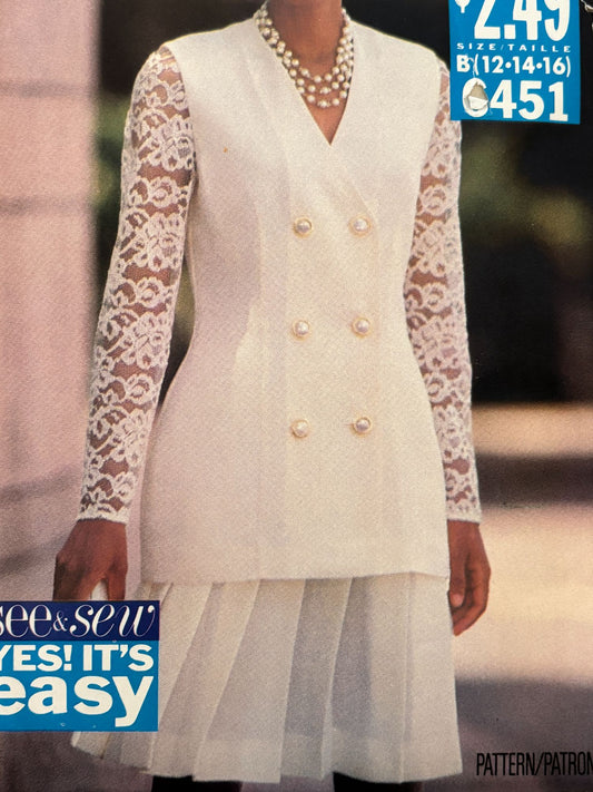 Butterick Sewing Pattern 6451 90s Top Skirt Lace Sleeve Suit Set 12 14 16 Uncut