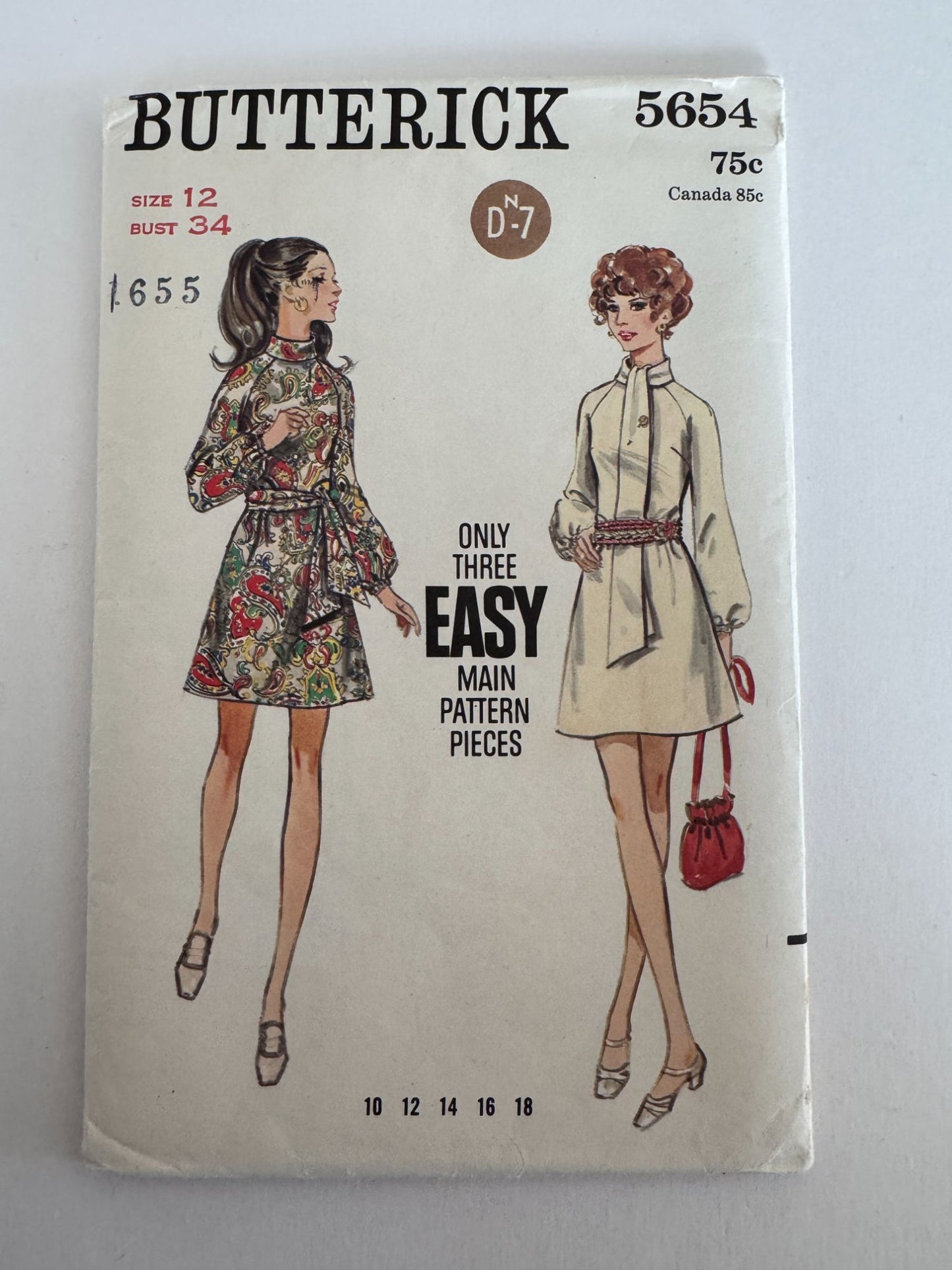 Butterick Sewing Pattern 5654 Mod A-Line Dress Vintage 1960s 12 Bust 34 Uncut
