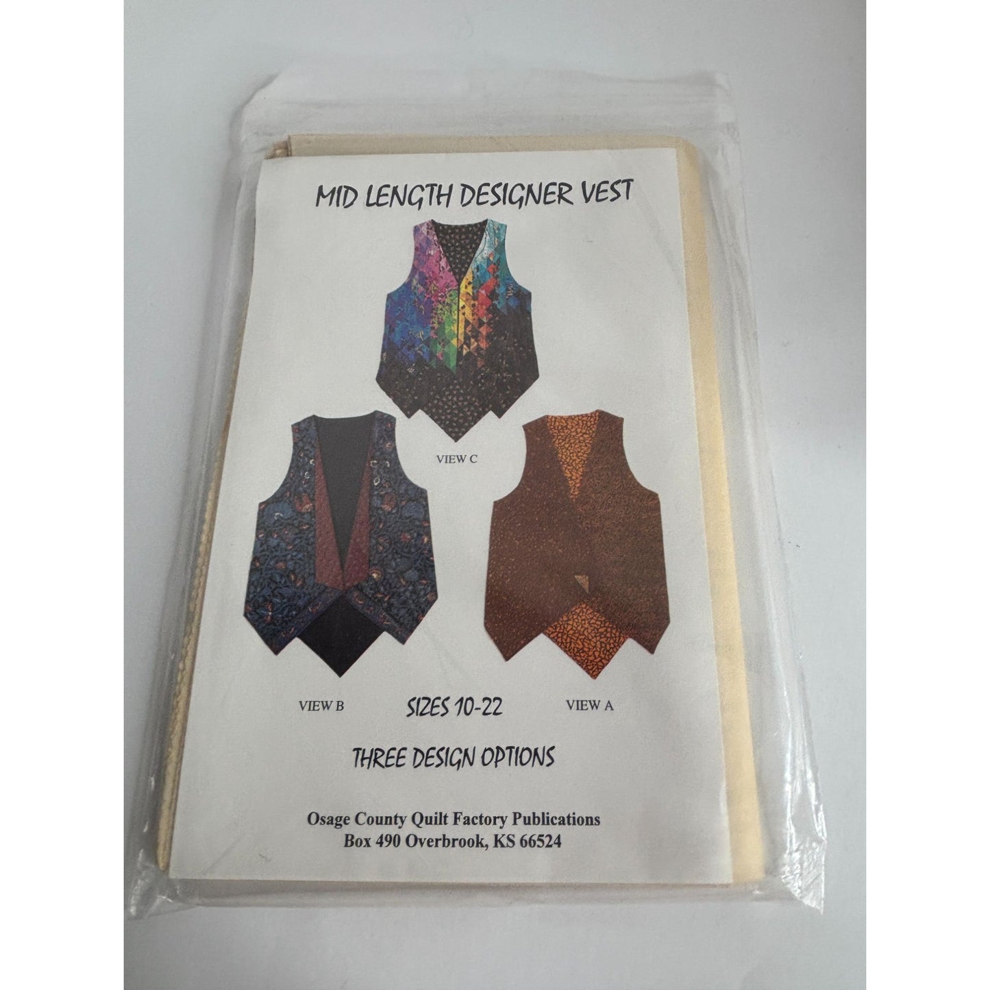 Osage County Quilt Factory Sewing Pattern Mid Length Designer Vest 10-12 Uncut