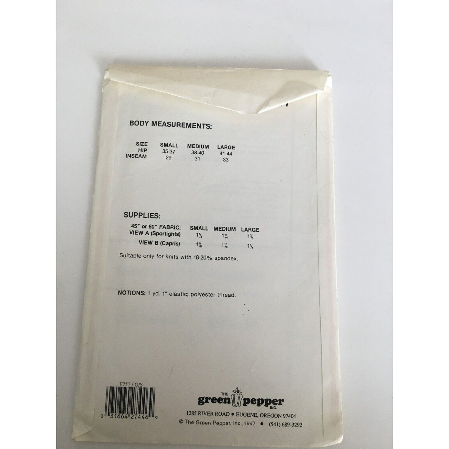 The Green Pepper Sewing Pattern F757 Misses Sportights Capris Athletic S M L UC
