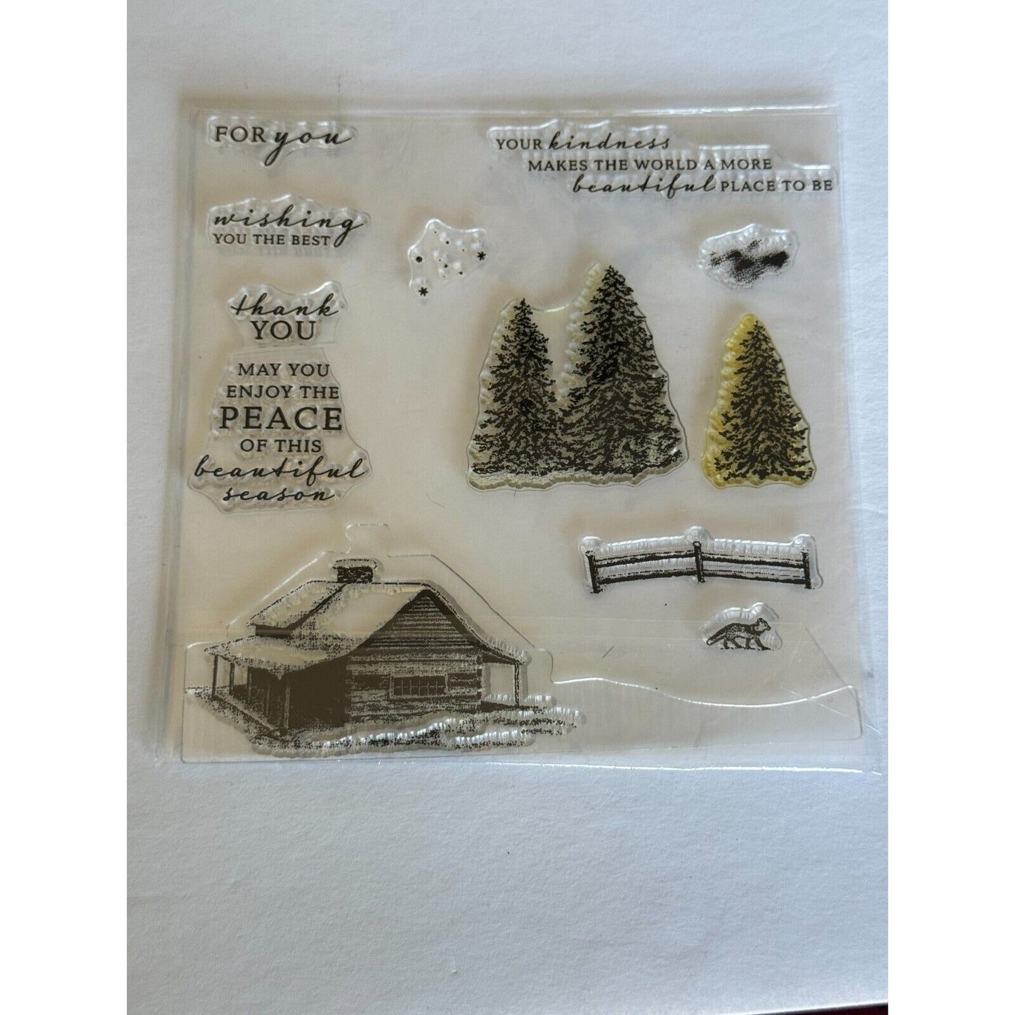 Unbranded Clear Stamps with Dies Winter Cabin Trees Fence Fox Peace Thank You