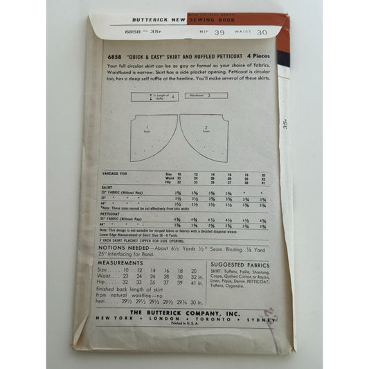 Butterick Sewing Pattern 6858 Circle Skirt Ruffled Petticoat Vintage 1950s Uncut