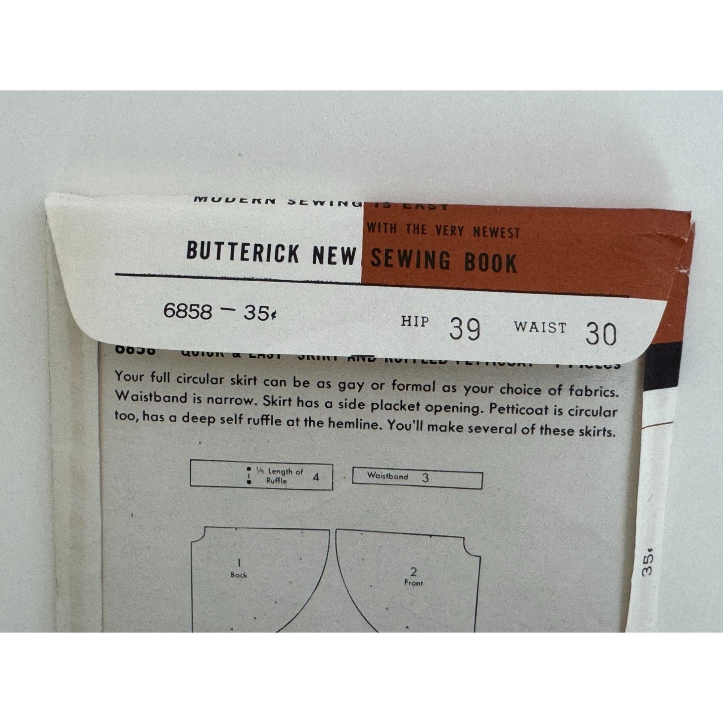 Butterick Sewing Pattern 6858 Circle Skirt Ruffled Petticoat Vintage 1950s Uncut