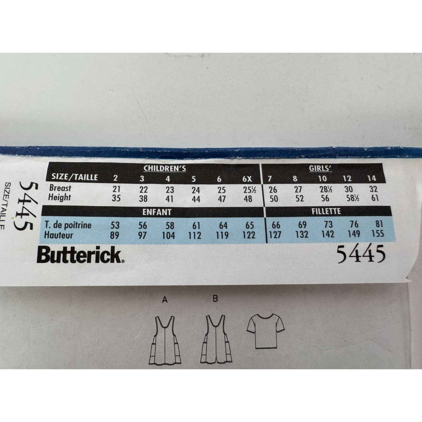 Butterick Sewing Pattern 5445 Girls Jumper and Top A-Line Loose-Fitting 6 7 8 UC