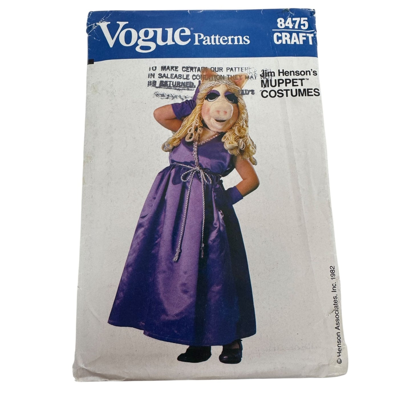 Vogue Sewing Pattern 8475 Miss Piggy Halloween Costume 1980s Girls 2-12 S M L UC