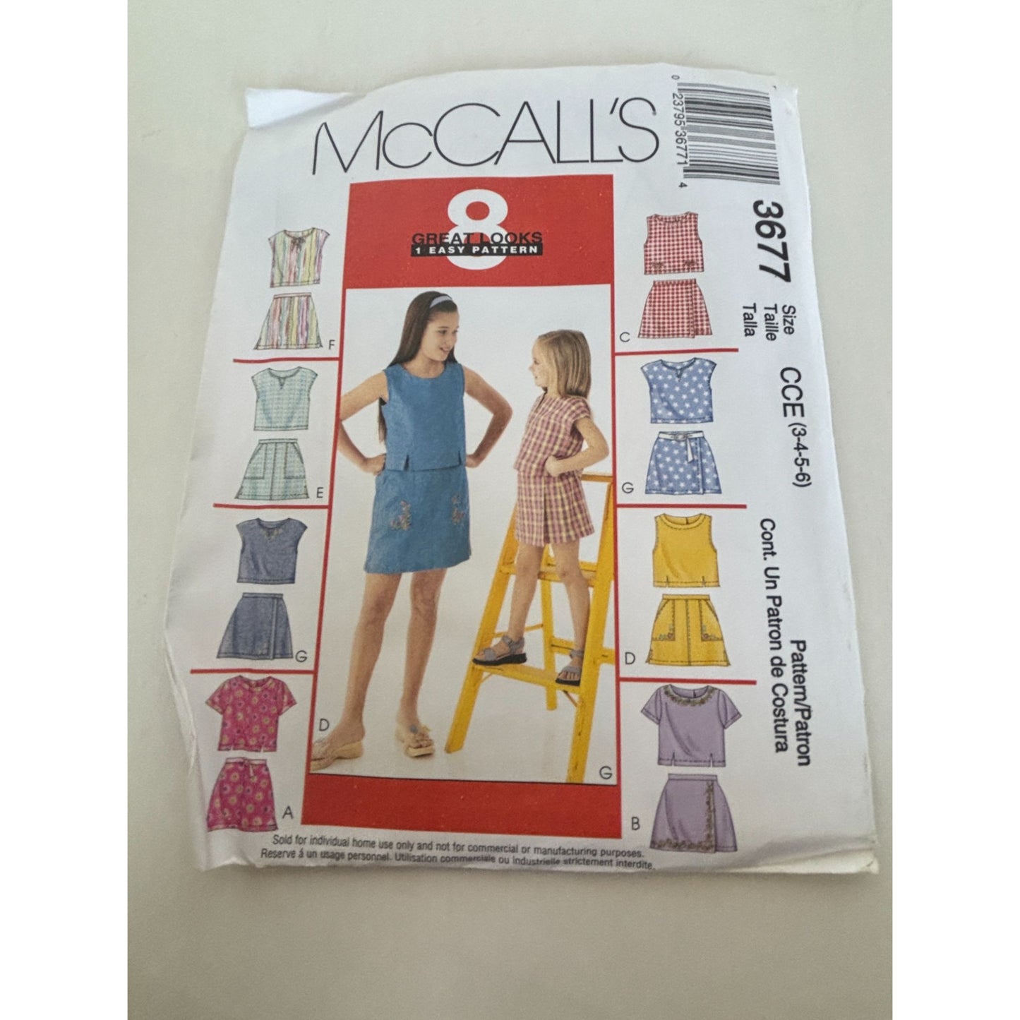 McCalls Sewing Pattern 3677 Girls Summer Tops Skorts Sleeveless Shirt 3-6 Uncut