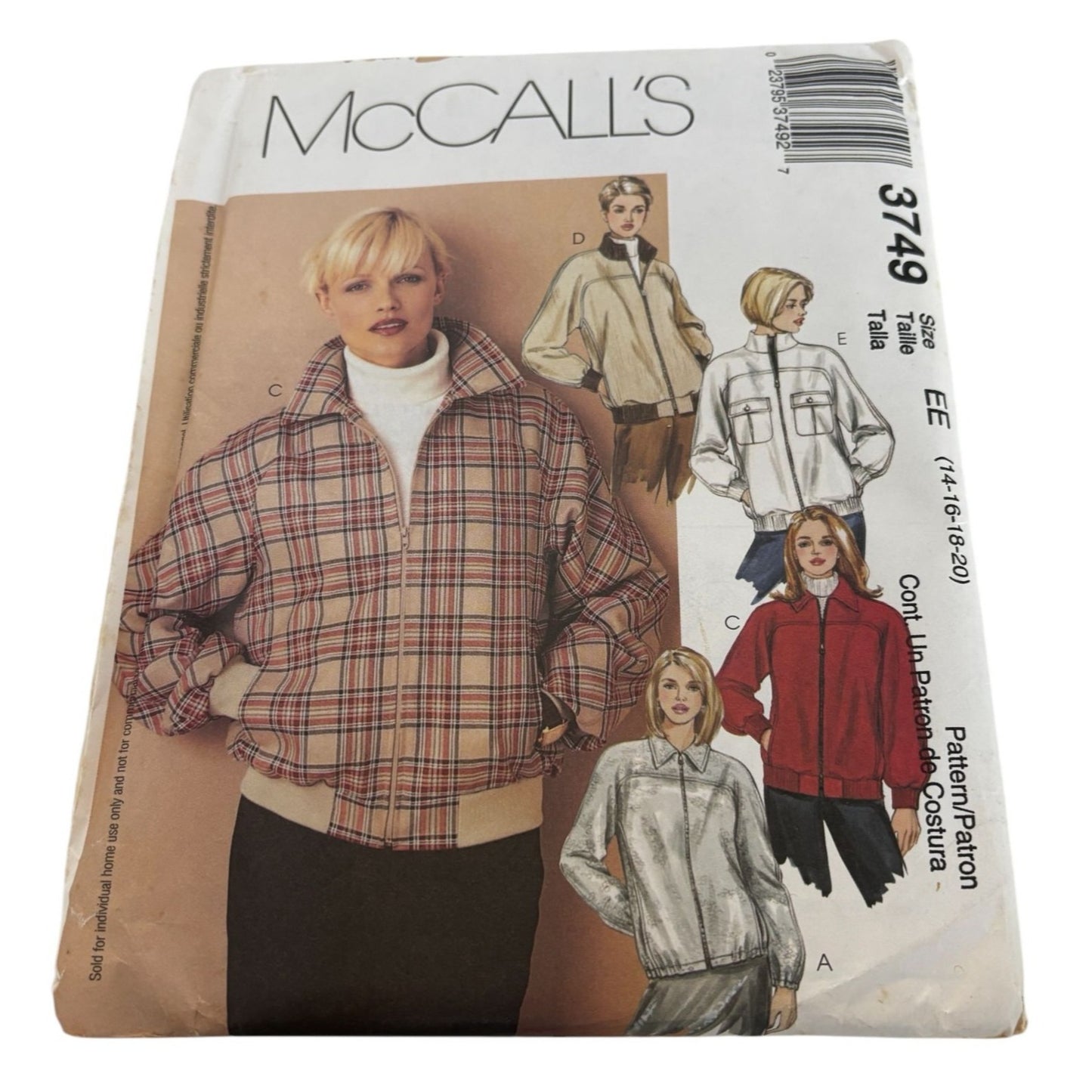 McCalls Sewing Pattern 3749 Jacket Zipper Front Casual Spring Fall 14-20 Uncut