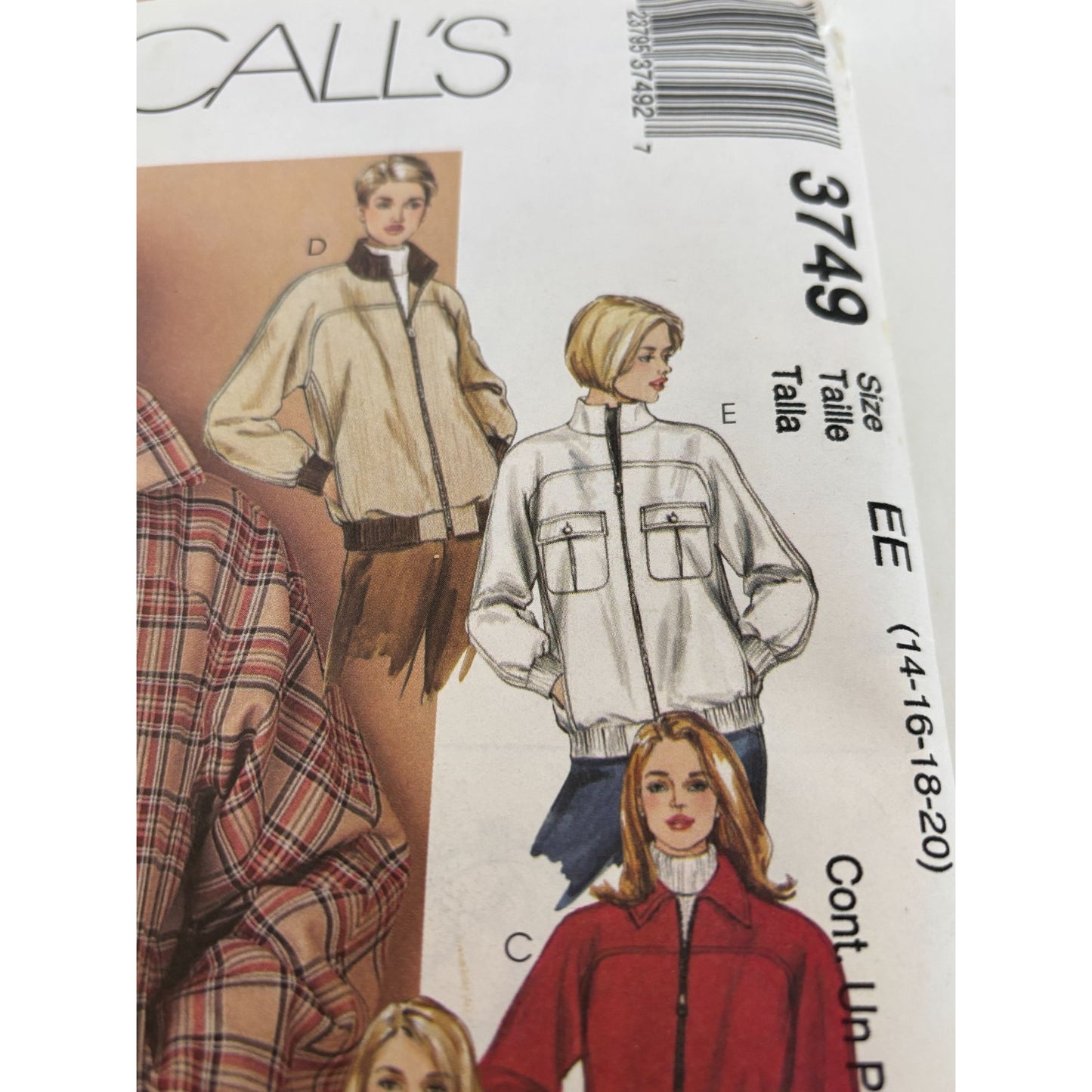 McCalls Sewing Pattern 3749 Jacket Zipper Front Casual Spring Fall 14-20 Uncut