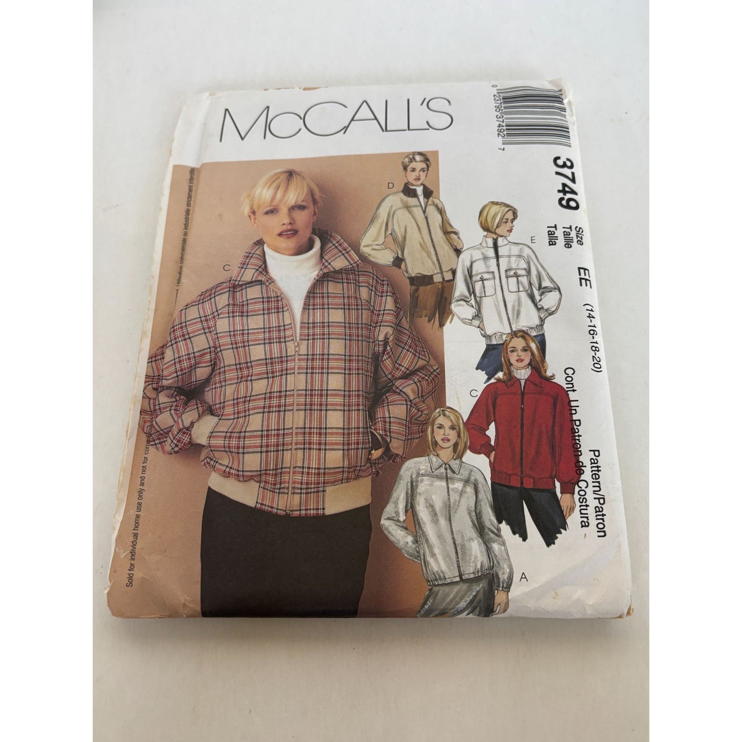 McCalls Sewing Pattern 3749 Jacket Zipper Front Casual Spring Fall 14-20 Uncut