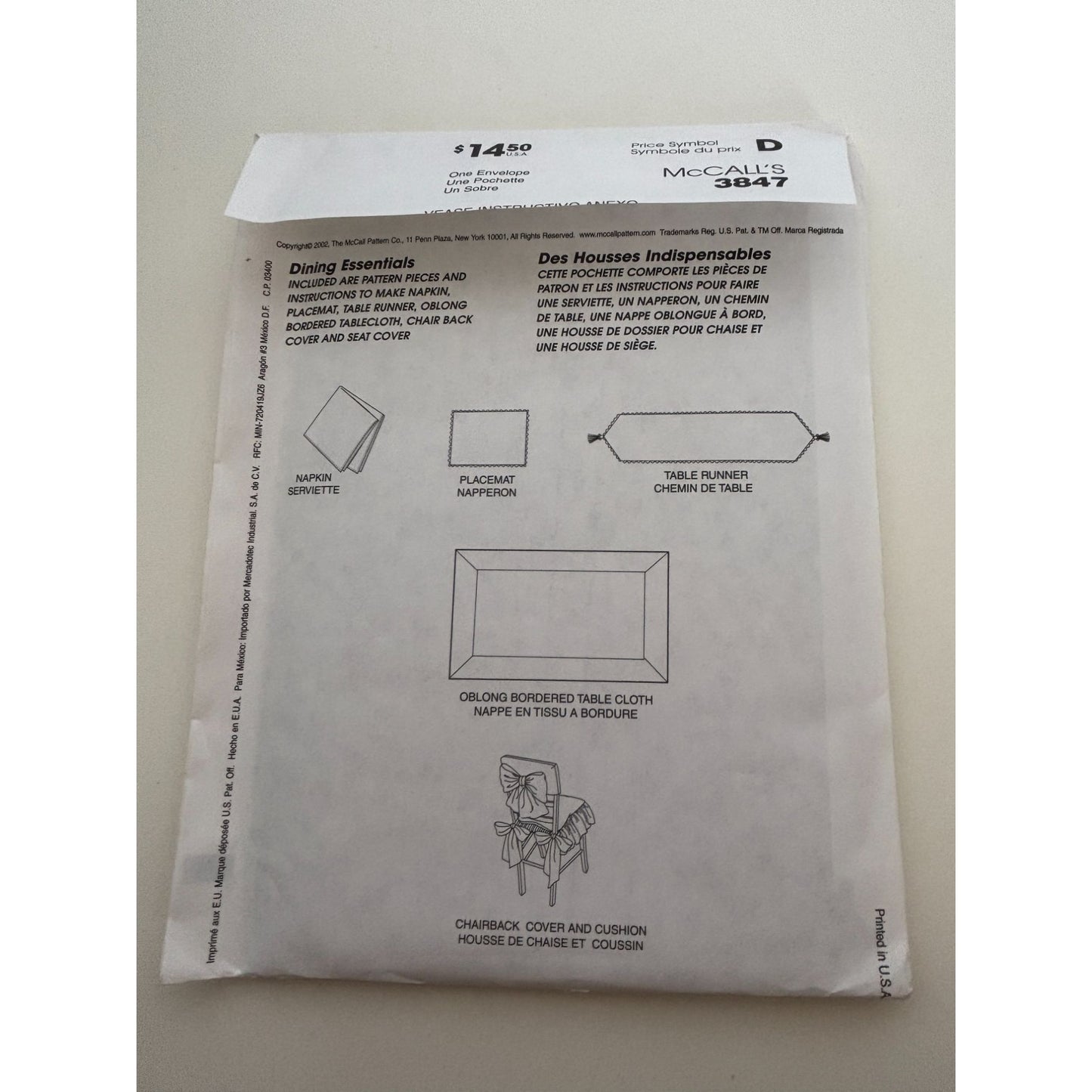 McCalls Sewing Pattern 3847 Holiday Table Setting Tablecloth Chair Covers Uncut