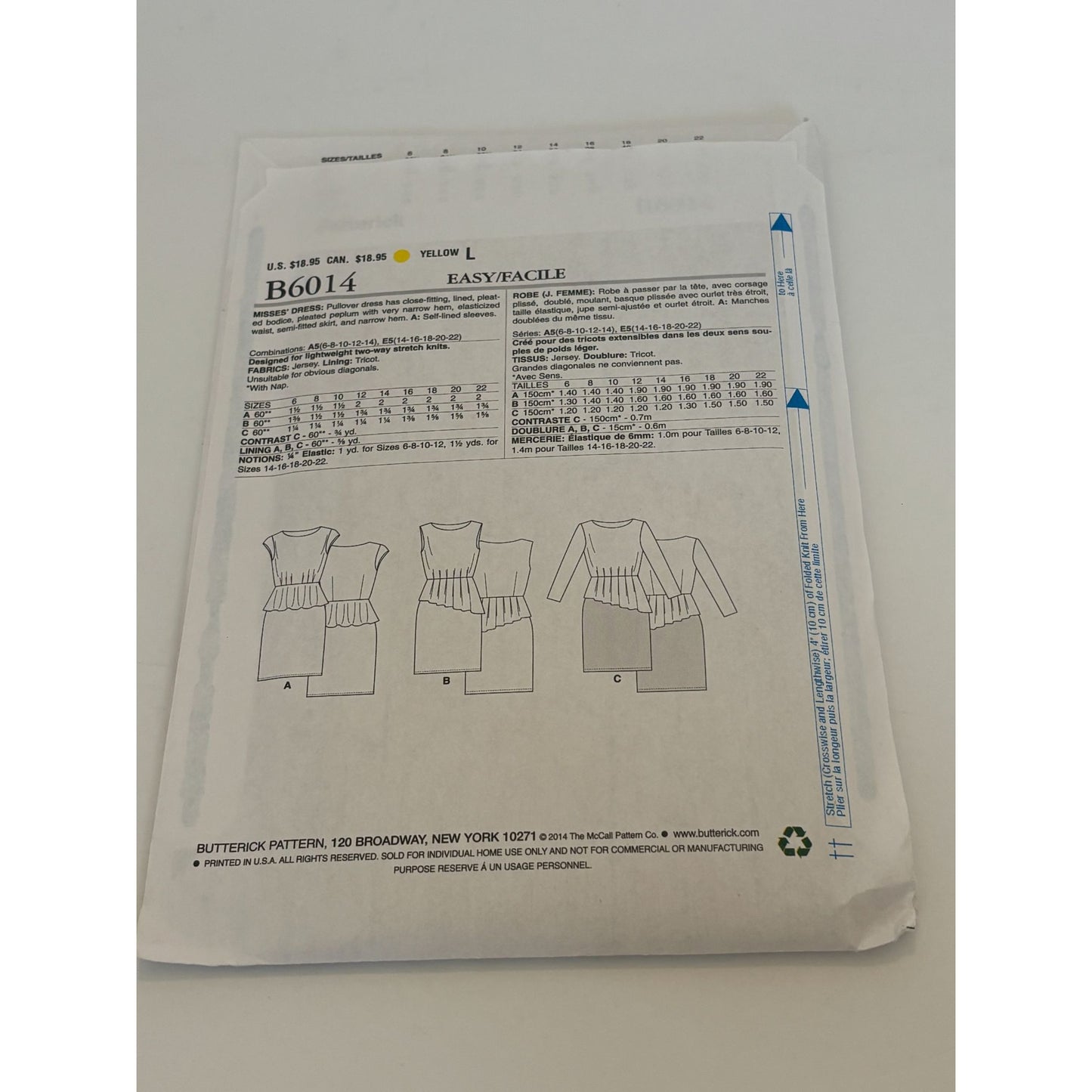 Butterick Sewing Pattern B6014 Misses Sheath Dress 14-22 Pleated Peplum Uncut
