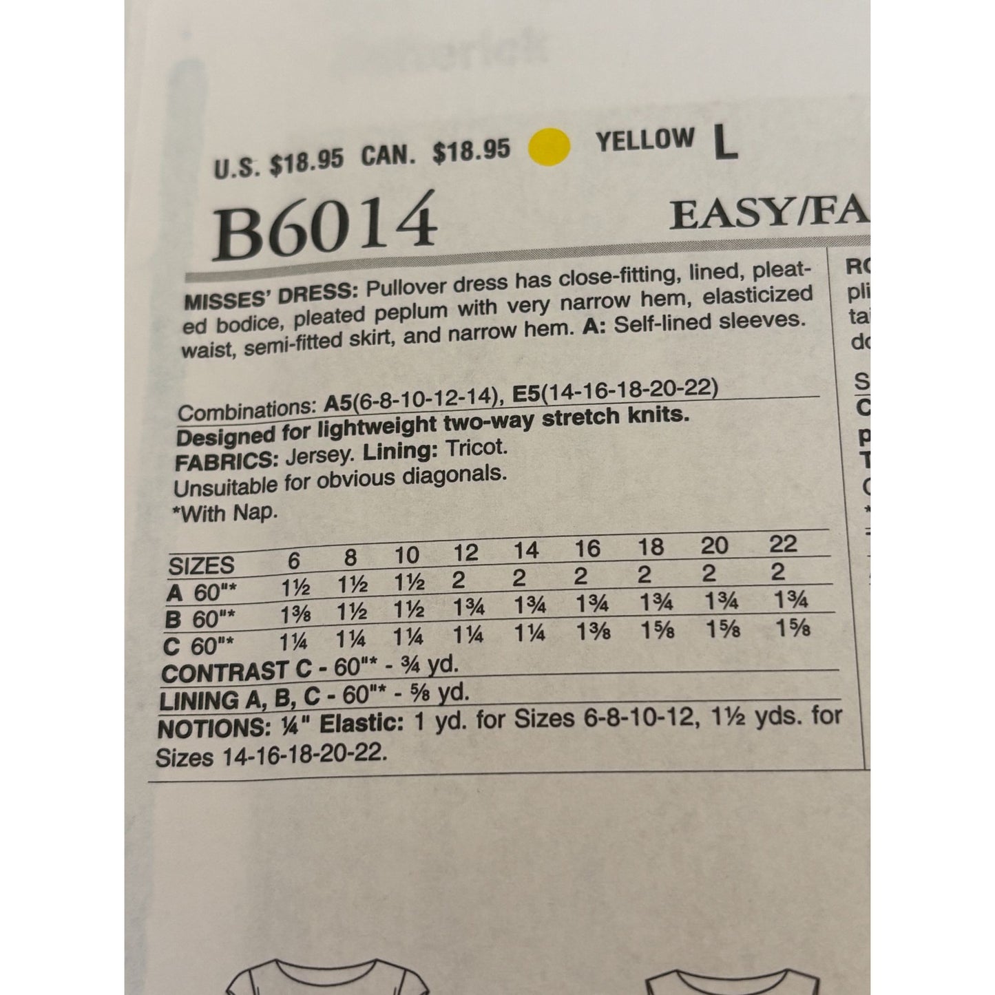 Butterick Sewing Pattern B6014 Misses Sheath Dress 14-22 Pleated Peplum Uncut