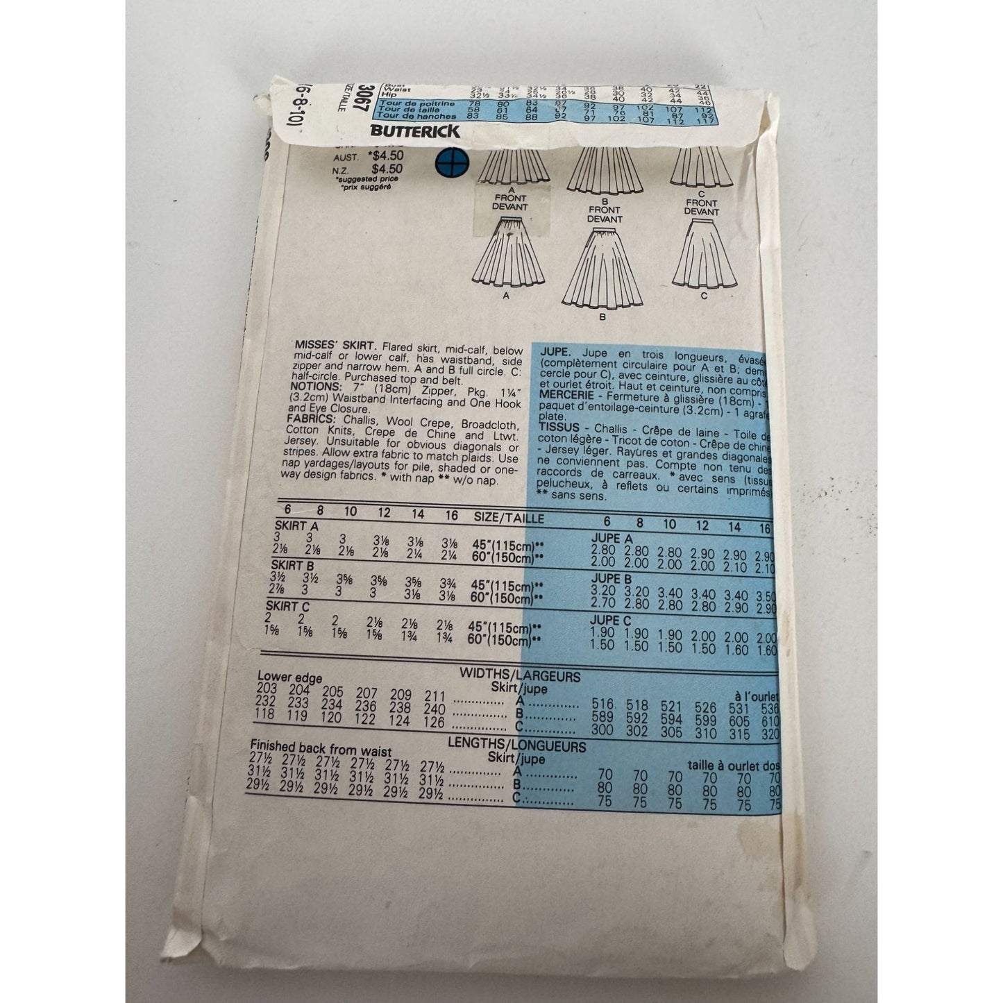 Butterick Sewing Pattern 3067 Classic Flared Circle Midi Skirt 6 8 10 UC 1980s