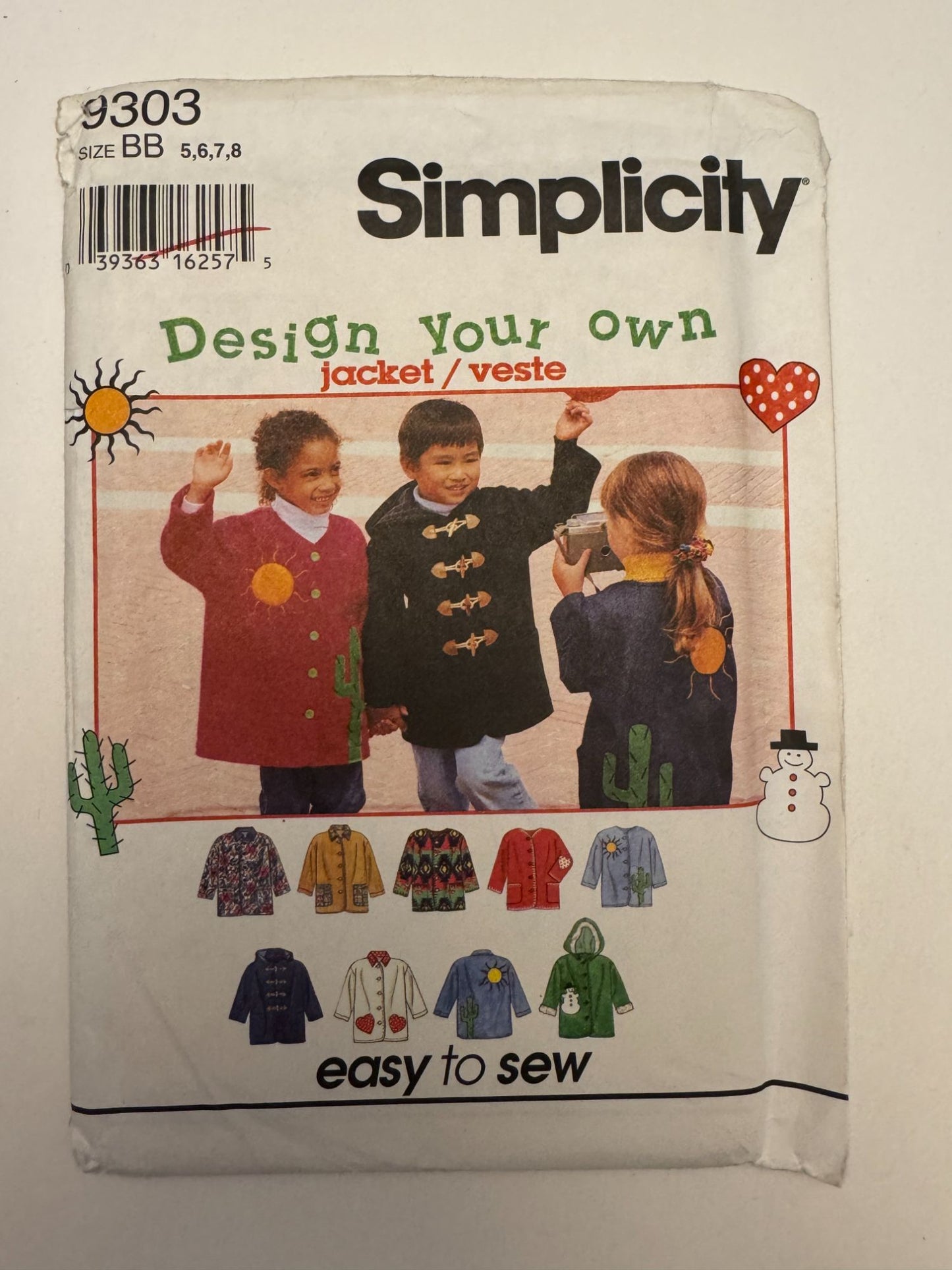 Simplicity Sewing Pattern 9303 Kids Jacket Heart Pocket Boys Girls 5 6 7 8 Uncut