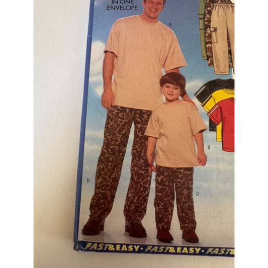 Vintage 90s Father Son Matching Outfit Sewing Pattern Butterick 5559 Mens Boys T Shirt Cargo Pants Family Matching Uncut