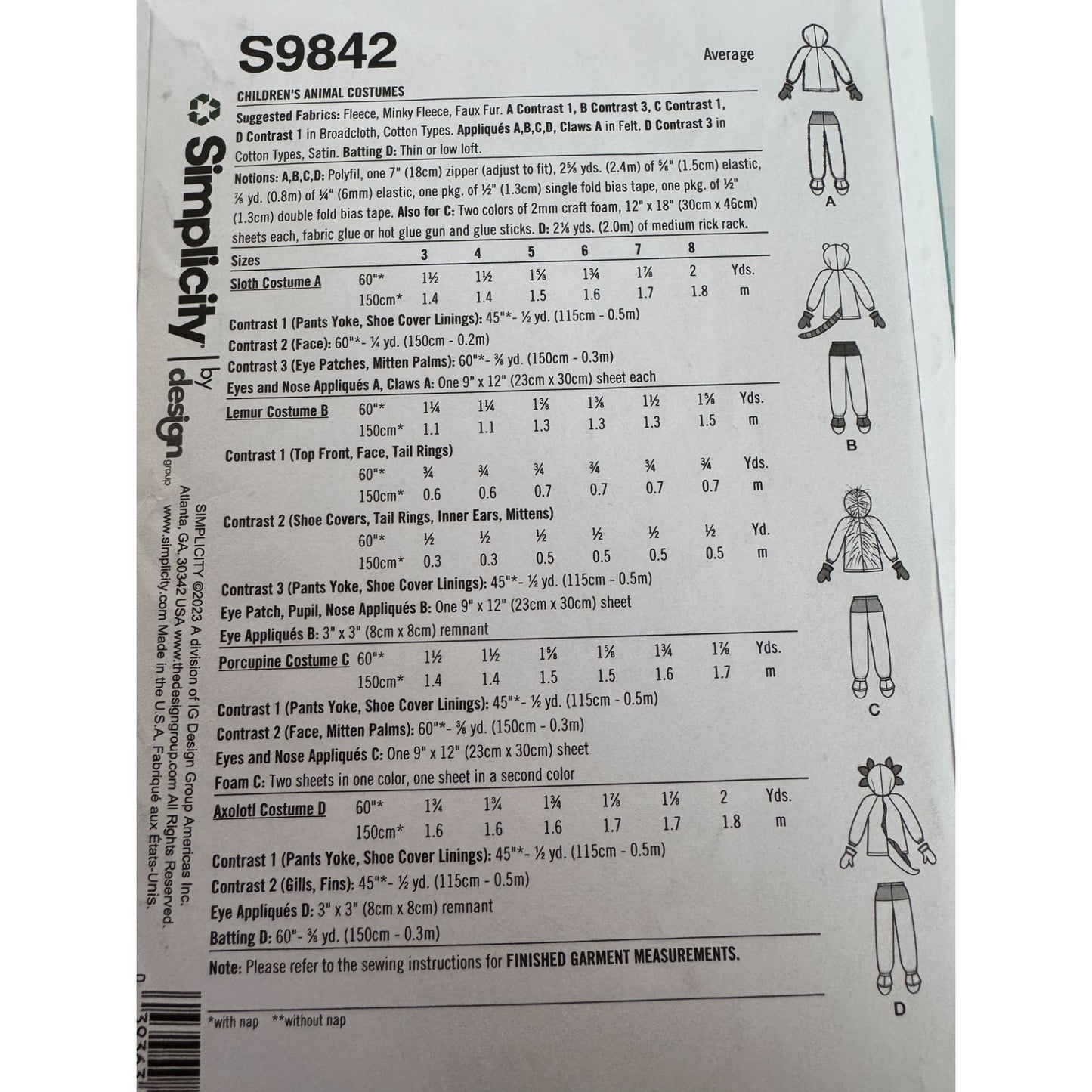 Simplicity Sewing Pattern S9842 Kids Animal Costumes Sloth Porcupine Lemur 3-8